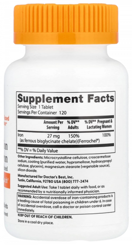 Doctor's Best High Absorption Iron, Хелат Железа, 120 таблеток